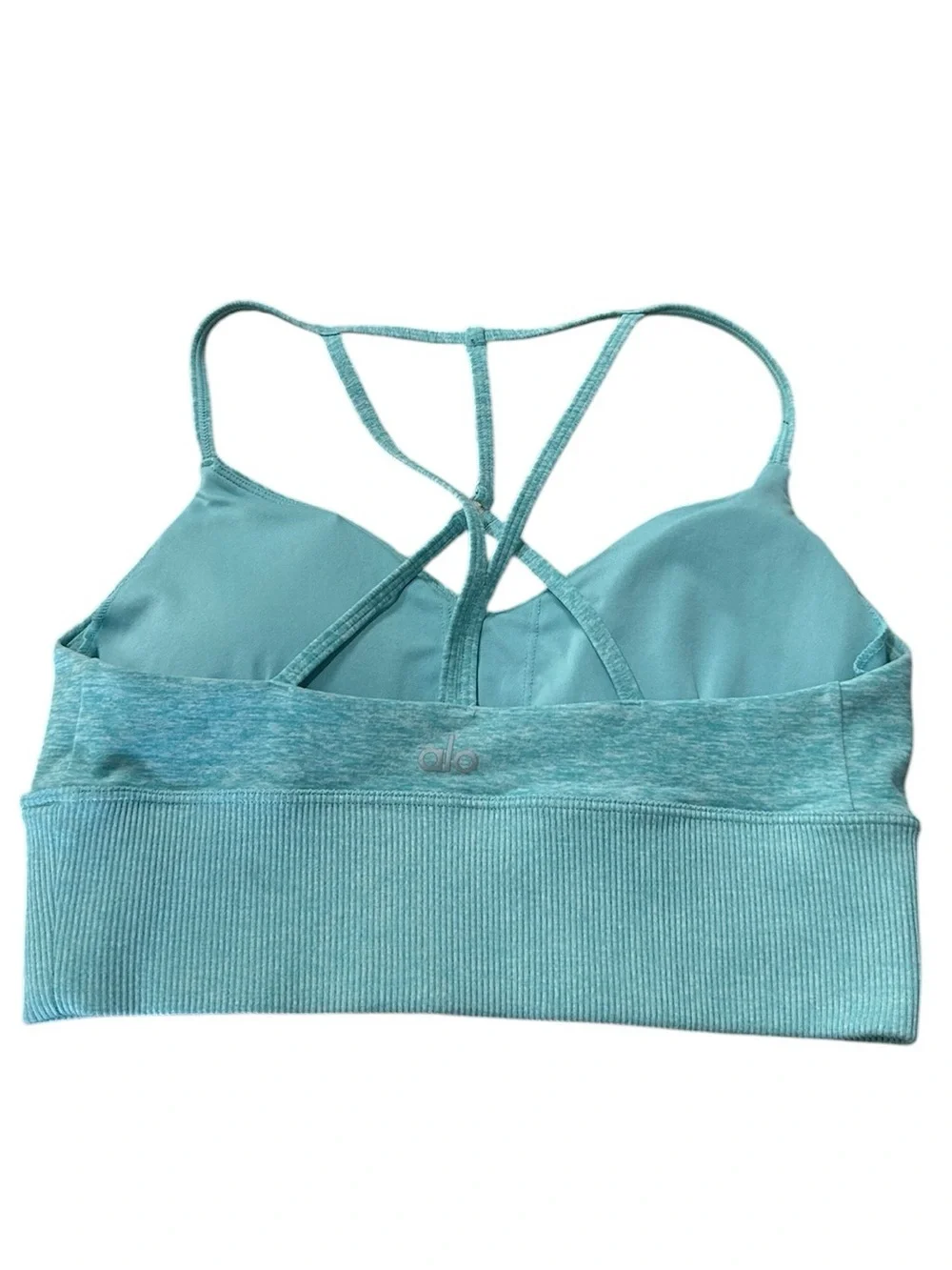 ALO Yoga Lavish Bra In Aqua Strappy Back Sports Bra Small Heather Blue Alosoft